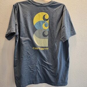 Carhartt Relaxed Fit Pocket Tee Large Blue Graphic Logo Back Workwear Shirt